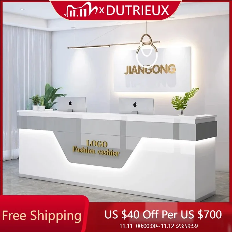 

White Cream Reception Desk Counter Decorations Luxury Beauty Reception Desks Salon Mostrador De Tienda Space Saving Furniture