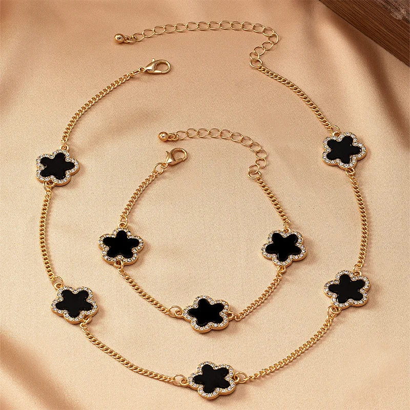 Jewelry Sets For Women Geometric Glass Enamel Flower Necklace Bracelet Two-piece Set Party Gift OL Holiday S018