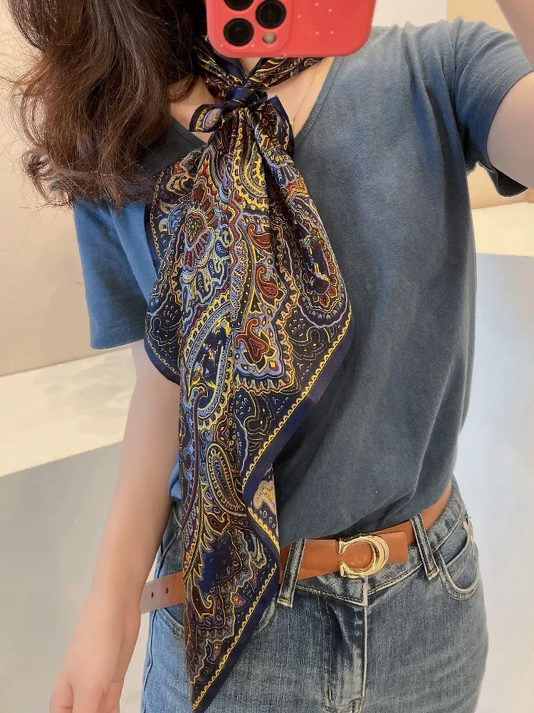 Women 100 Silk Paisley Scarf Square Shawl Hair Wraps Neckerchief For Suit Shirt Sunscreen Cape