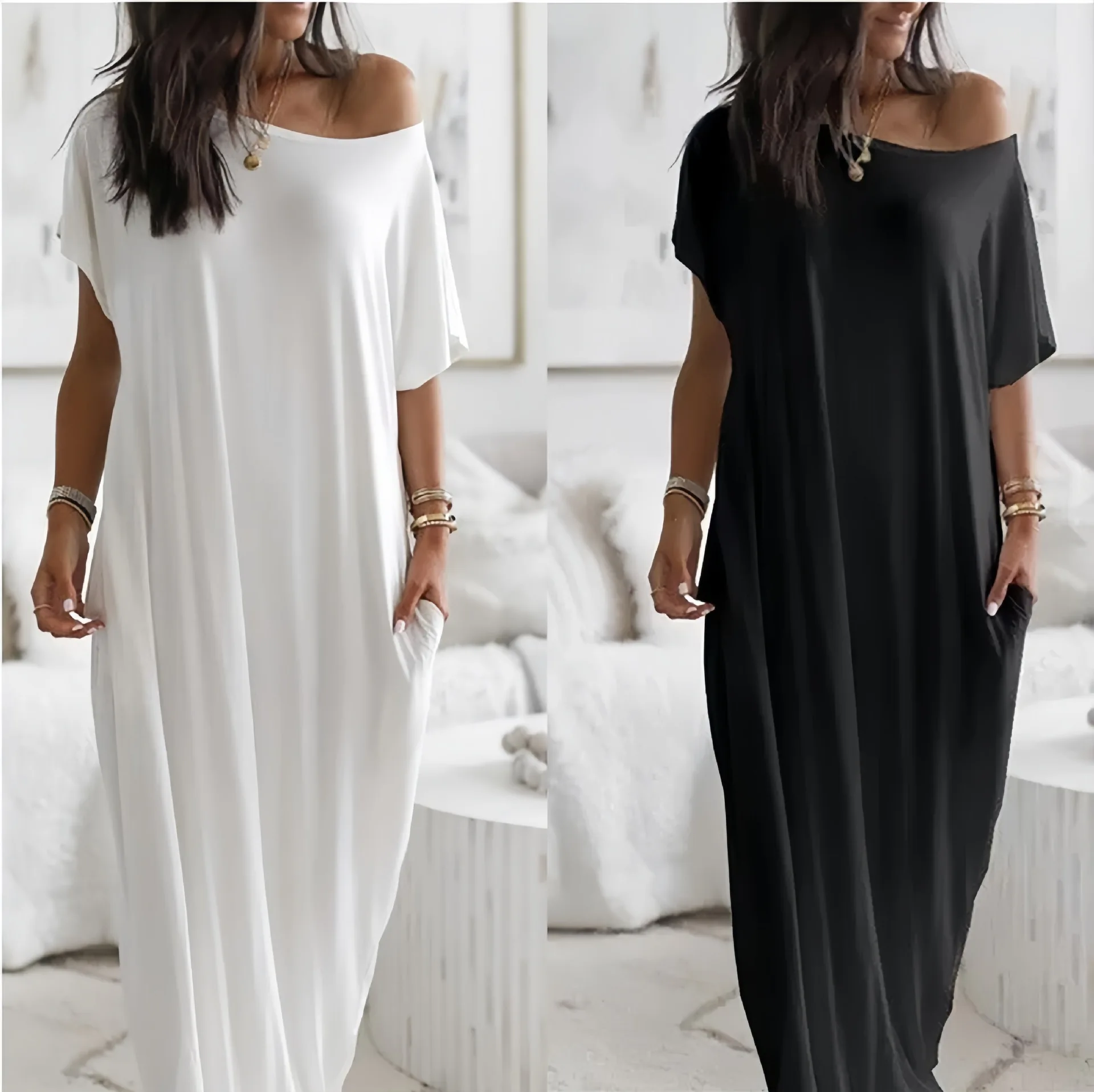 

Elegant Off-Shoulder Summer Dress Women Loose Fit Beach Lady Milk Fiber Short Sleeve Thickened Casual Elegant Women's Dress