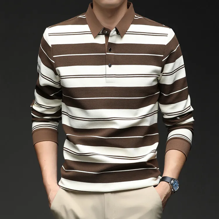 

Cotton 42.5% Polyester 55.5% Men t shirt 2025 Autumn Long Sleeve High-quality contrasting striped Tops T-shirt