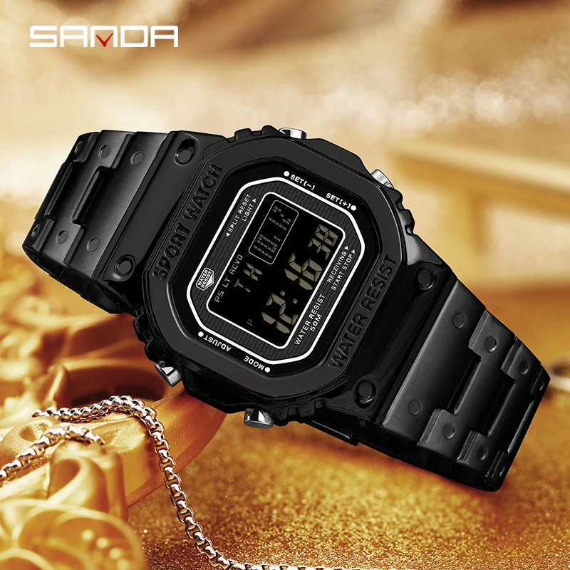 SANDA Top Luxury Stainless Steel Strap Countdown Sport Watches Mens Shockproof Waterproof G style Digital Electronic Wristwatch