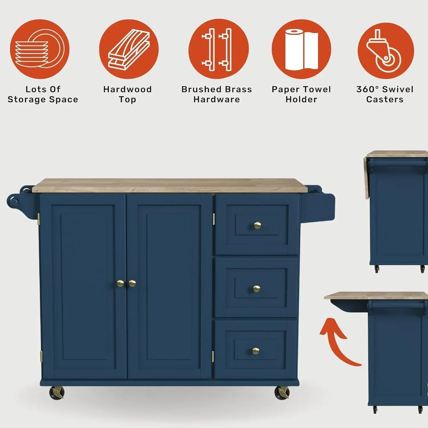 Homestyles Mobile Kitchen Island Cart with Wood Top and Dropleaf Breakfast Bar, Blue