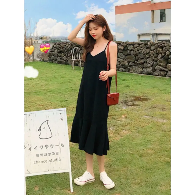 150cm Petite girls Hepburn Style Fishtail Suspender Vest Dress Women Summer High Waist A-line Skirt Medium Length XS Appear High