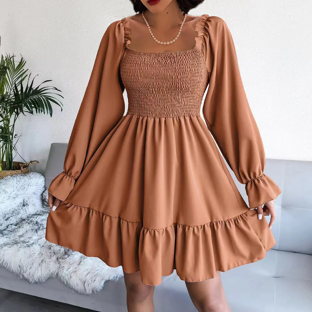 Spring/Summer Square Neck Flare Long Sleeve Ruffled Edge Large Swing Ruffle Dress for Women Short skirt