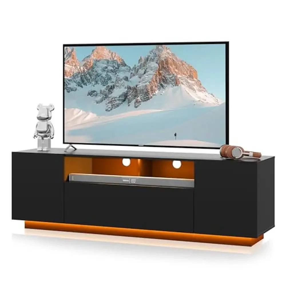 

Modern TV Stand Storage Cabinet LED Entertainment Center Fits 65 Inch TV Customizable Lighting Black