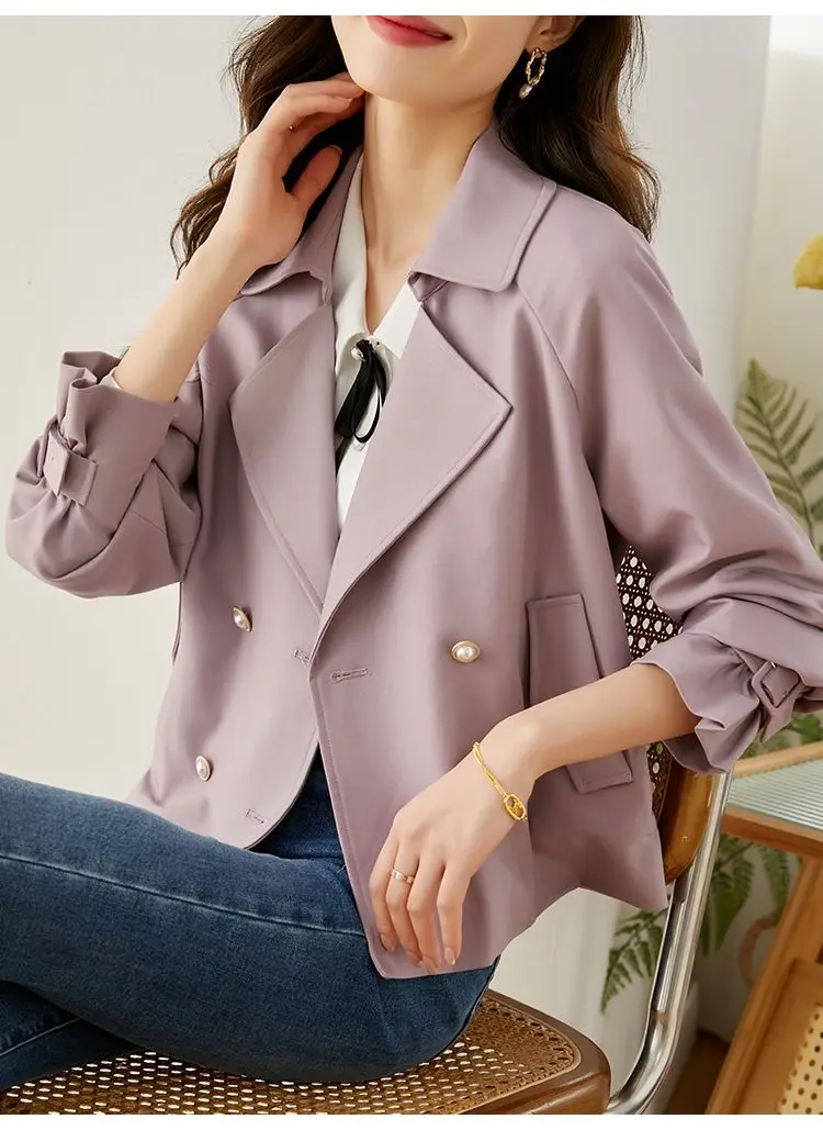 

2023 Spring Autumn New Short Purple Windbreaker Women Casual Loose Female Outwear Trench Jacket