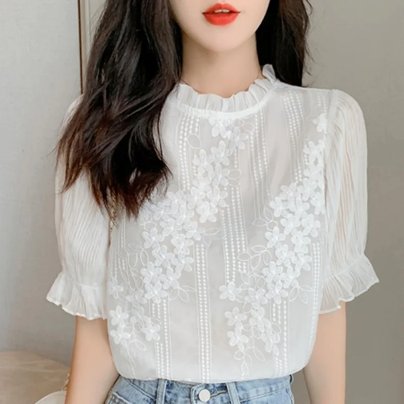 Summer Short Sleeve Embroidery Lace Chiffon Women Blouse Elegant Hollow Out Stand Collar White Tops Casual Shirt