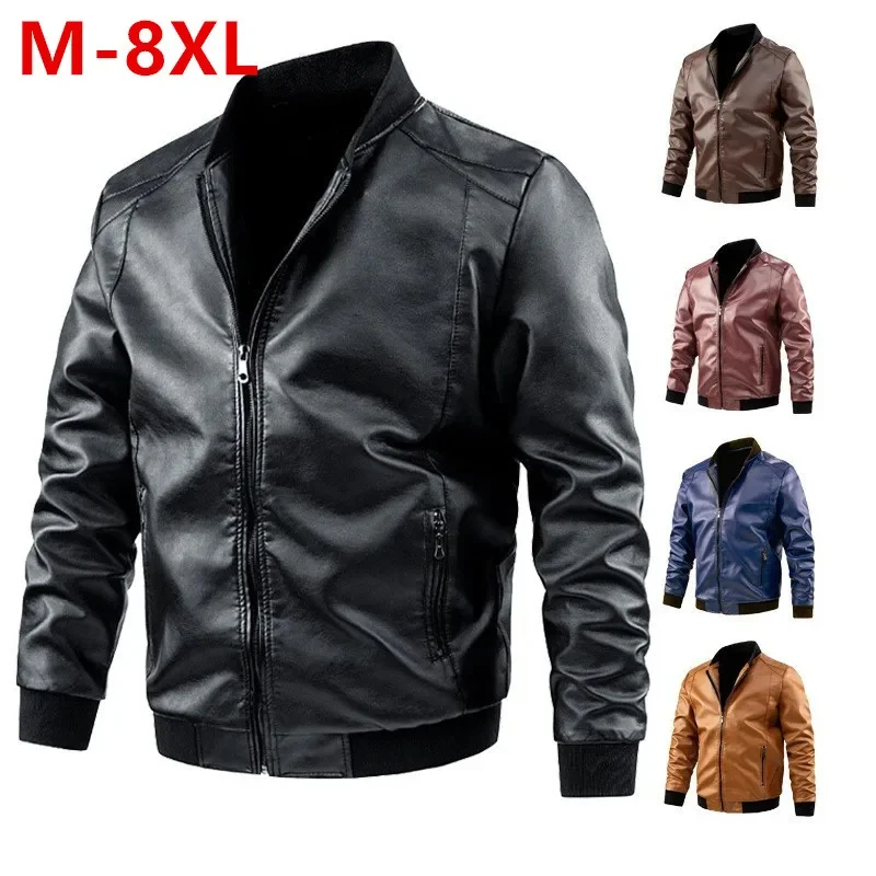 Men Bomber Motorcycle PU Plus Size 8XL 7XL Winter Leather Coat Causal Vintage Black Biker Pocket Zipper Jackets