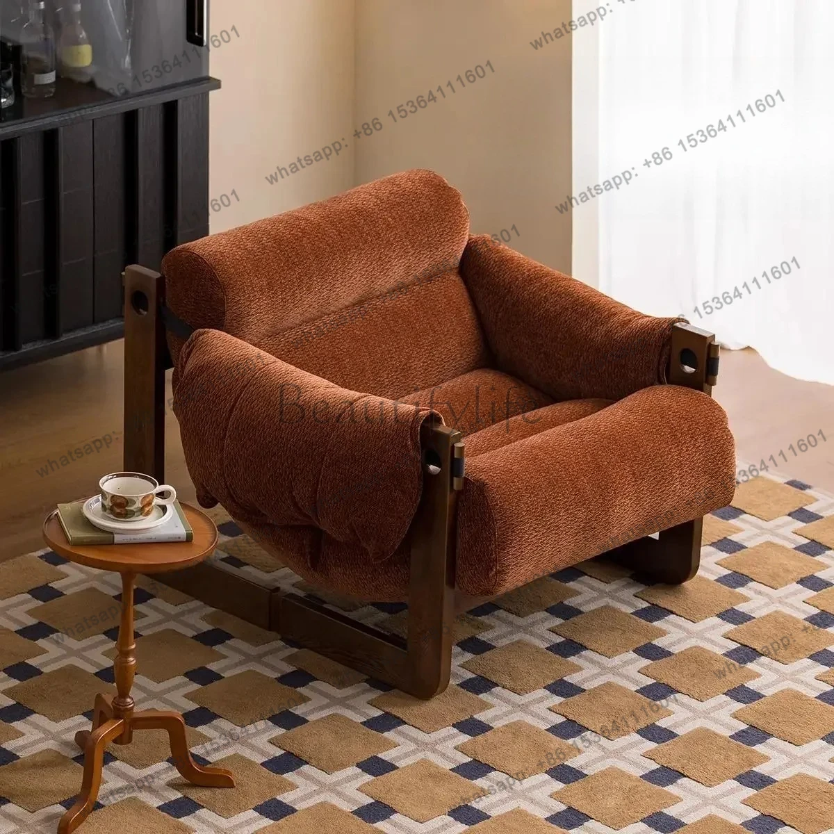 

D36Medieval chenille velvet living room single sofa designer leisure chair ash wood lazy sofa