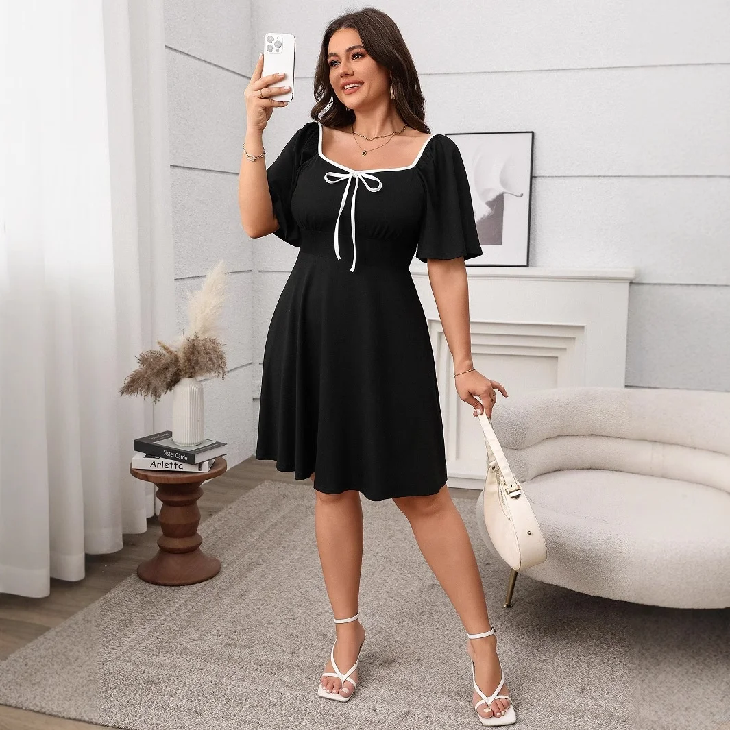 

2025 New plus Size Women's Dress Knot Square Collar Loose Short Sleeve Long Skirt British Style High Waist A-Line S...
