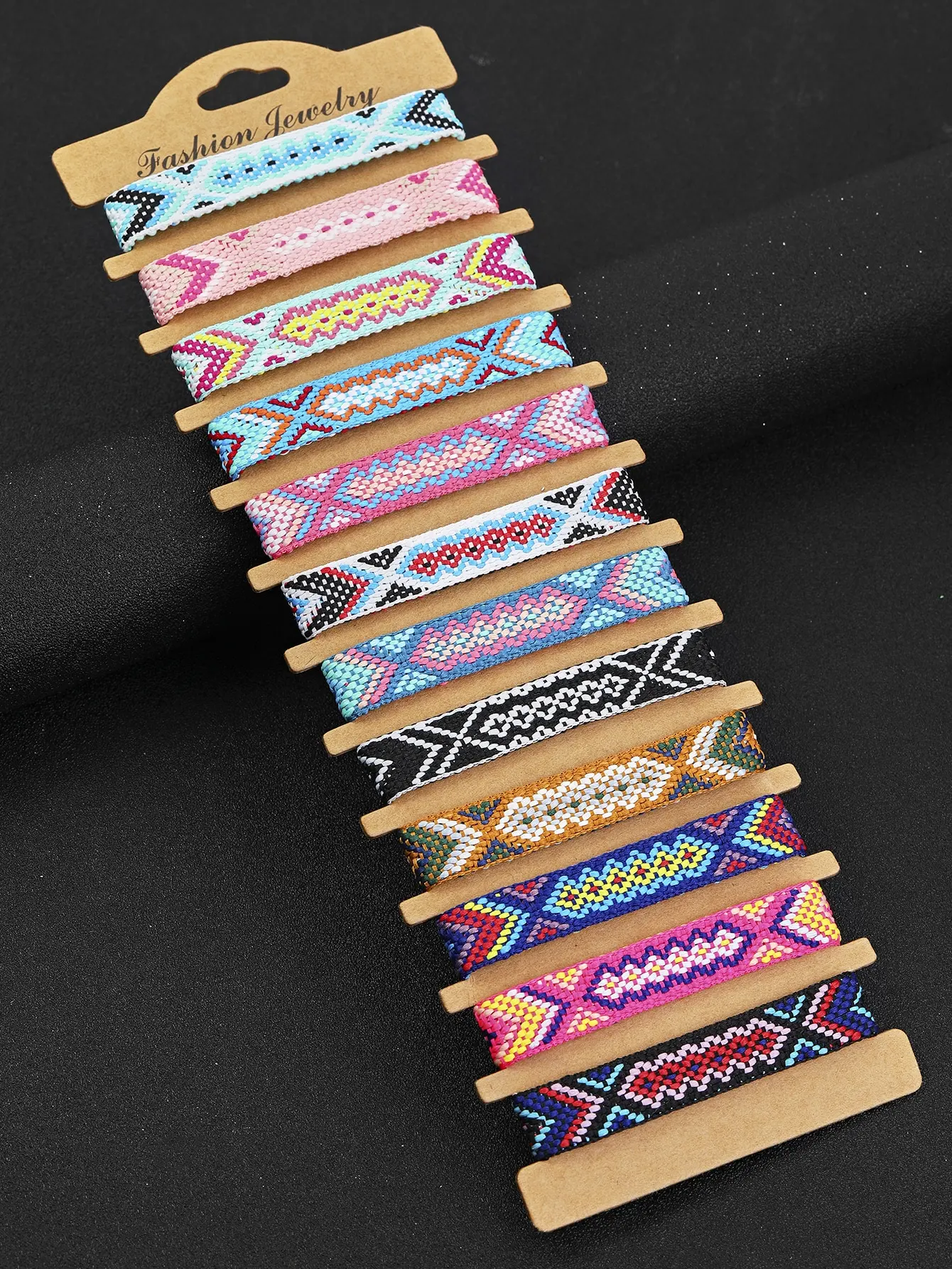 12-Piece Vintage Ethnic Woven Bracelet Set, Color-Block Geometric Adjustable Friendship Bracelets, Boho Vacation Style