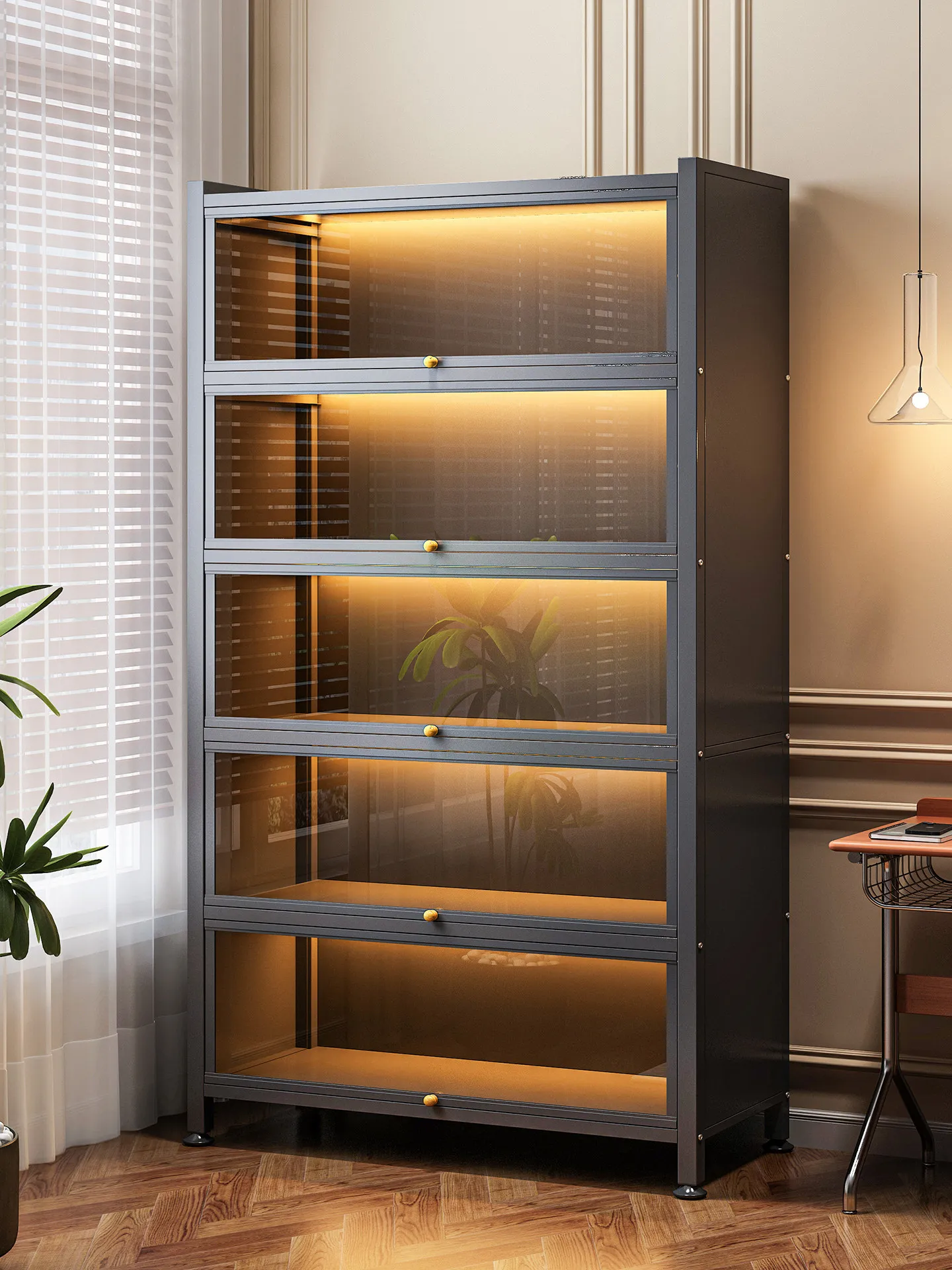 Household dust-proof bookshelf glass door bookcase blind box model figure display cabinet floor-to-ceiling multi-layer iron