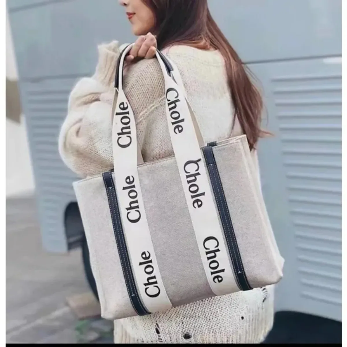 Ladies Canvas Tote Bag Classic Alphabet Print Shopping Bag Large Capacity Ladies Casual Crossbody Tote Single Shoulder Bags