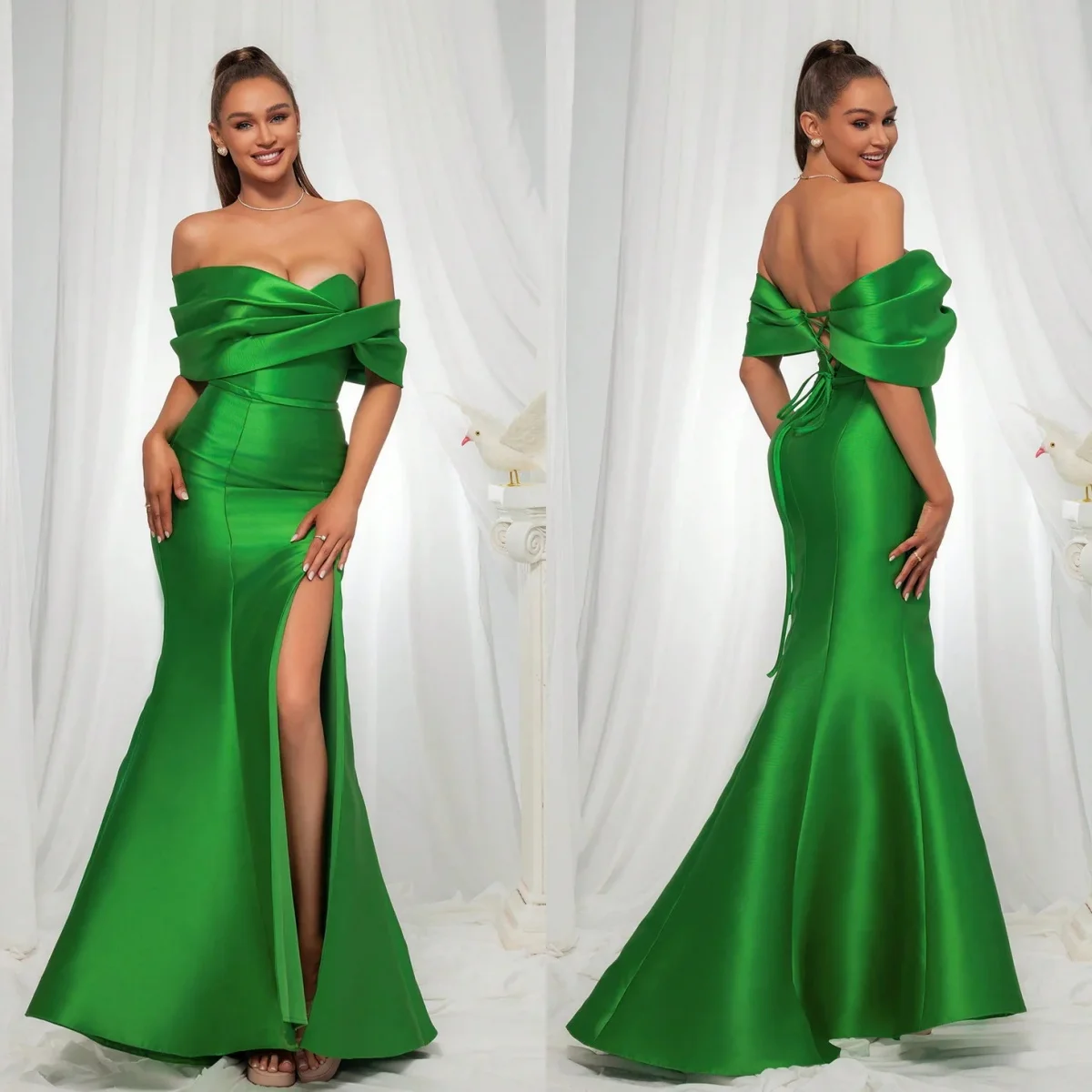 Simple Green Evening Dresses Off Shoulder Satin Mermaid Women Prom Gowns Sexy Ruffles Floor Length Celebrity Wedding Guest Gowns