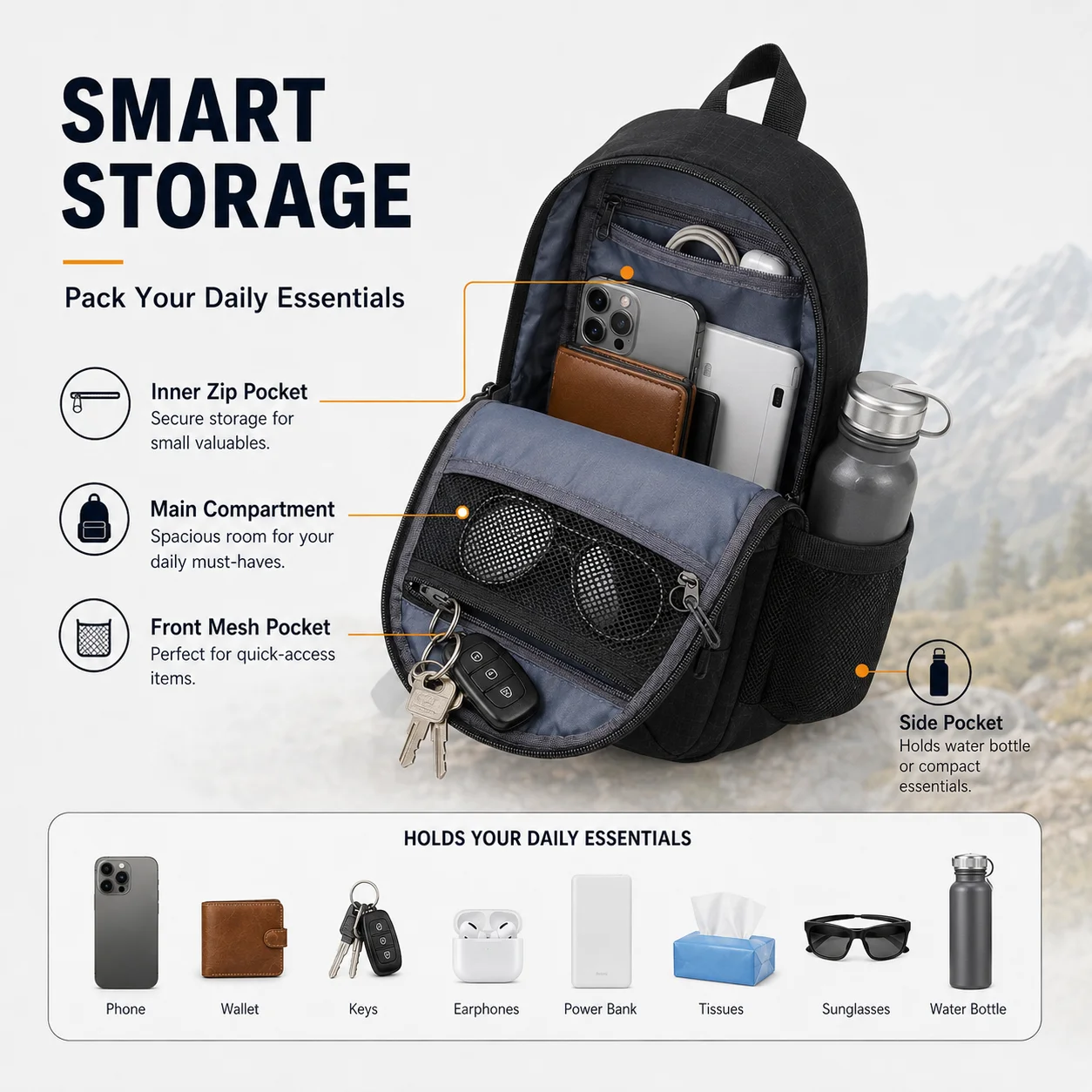 Unisex Outdoor Chest Bag Sling Shoulder Pack With Bottle Pocket Lightweight Crossbody Travel Bag Multi Storage Compartments