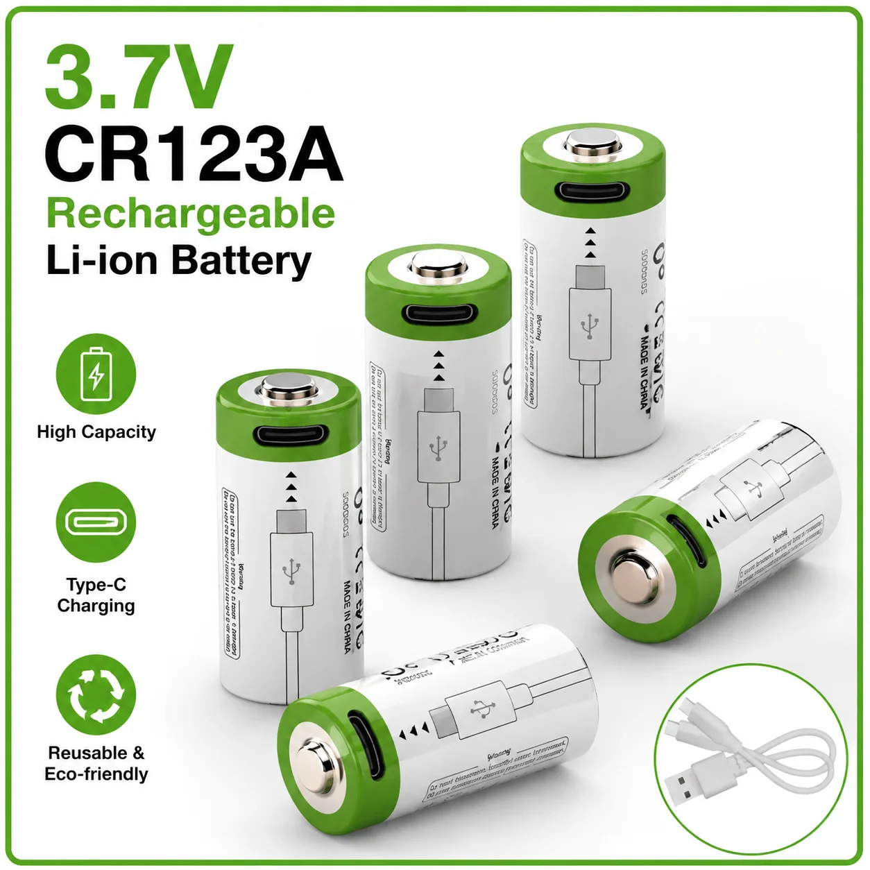 #3.7V CR123A Rechargeable Li-ion Battery Real Capacity 16340 CR17345 Batteries 700mAh for Laser Pen,LED Flashlight Type-c Cable