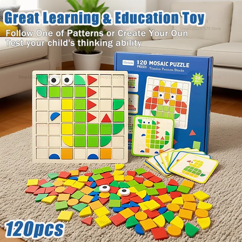 เกมโมเสกไม้สีสันรูปทรงใหม่ ของเล่นเสริมพัฒนาการเด็กเล็ก ตัวต่อจิ๊กซอว์ บล็อกรูปแบบ สำหรับเป็นของขวัญเด็กวัยหัดเดิน
