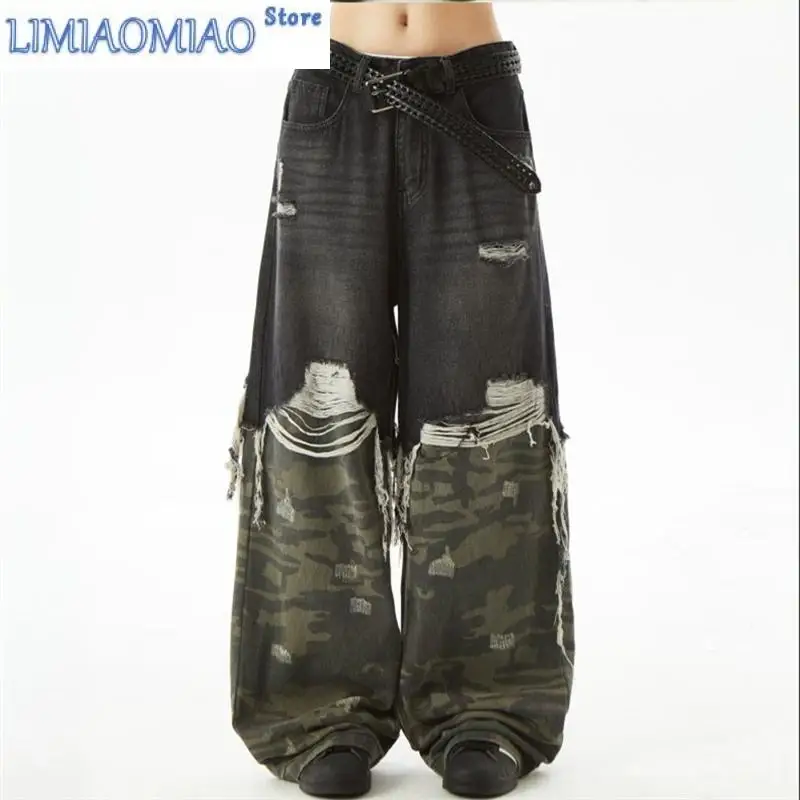 

Women's Splicing Camouflage Design Neutral Denim Trousers Summer Cool Girl Pant Vintage Bottoms Female High Waist Wide-leg Jeans