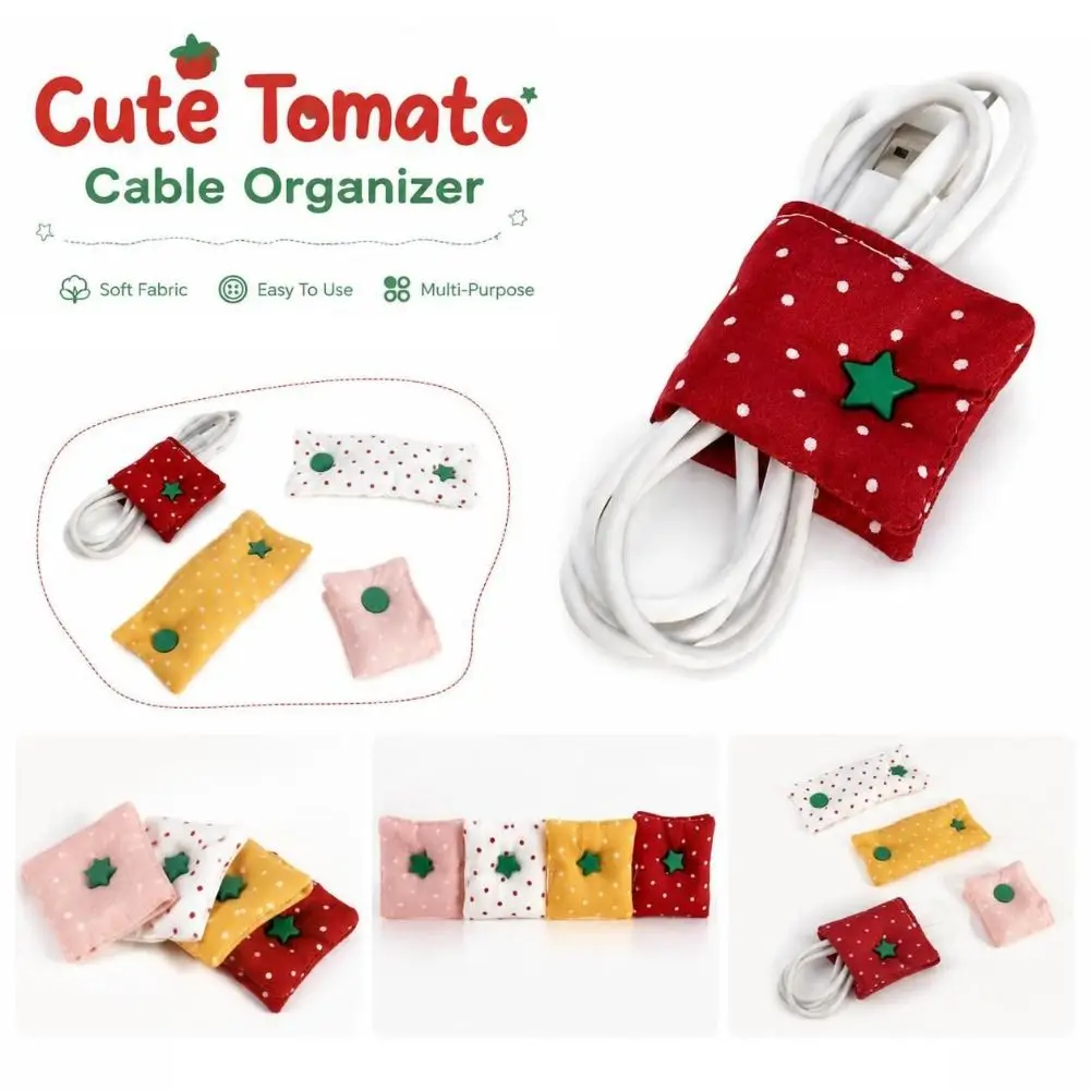 Fabric Desktop Cable Organizer Tomato Shape Double-Sided Date Cable Winder Polka Dot Pattern Portable Earphone Organizer