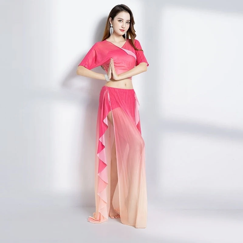 Belly Dance Practice Dress Summer New Sexy Gradient Mesh Long Dress Set Eastern Dance Performance Dress Female