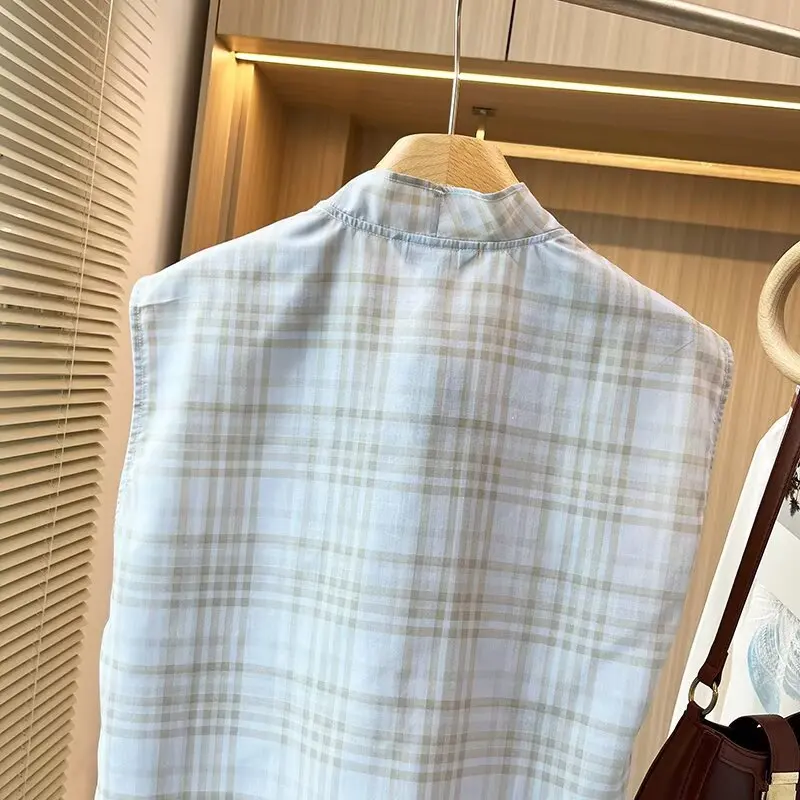 Maxdutti French Country Style Sleeveless Plaid Chiffon Shirt Summer Minimalist Casual Shirt Women Blouse Pullover Top