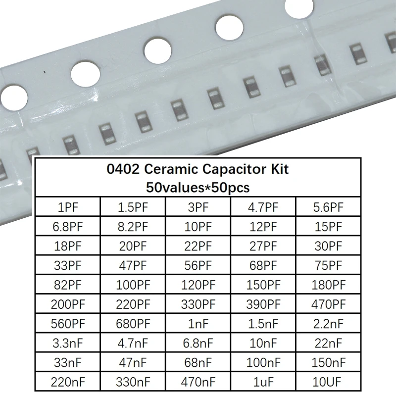 

0402 SMD Ceramic Capacitor Assorted Kit 1pF~10uF 50values*50pcs=2500pcs Chip Ceramic Capacitor Samples ki