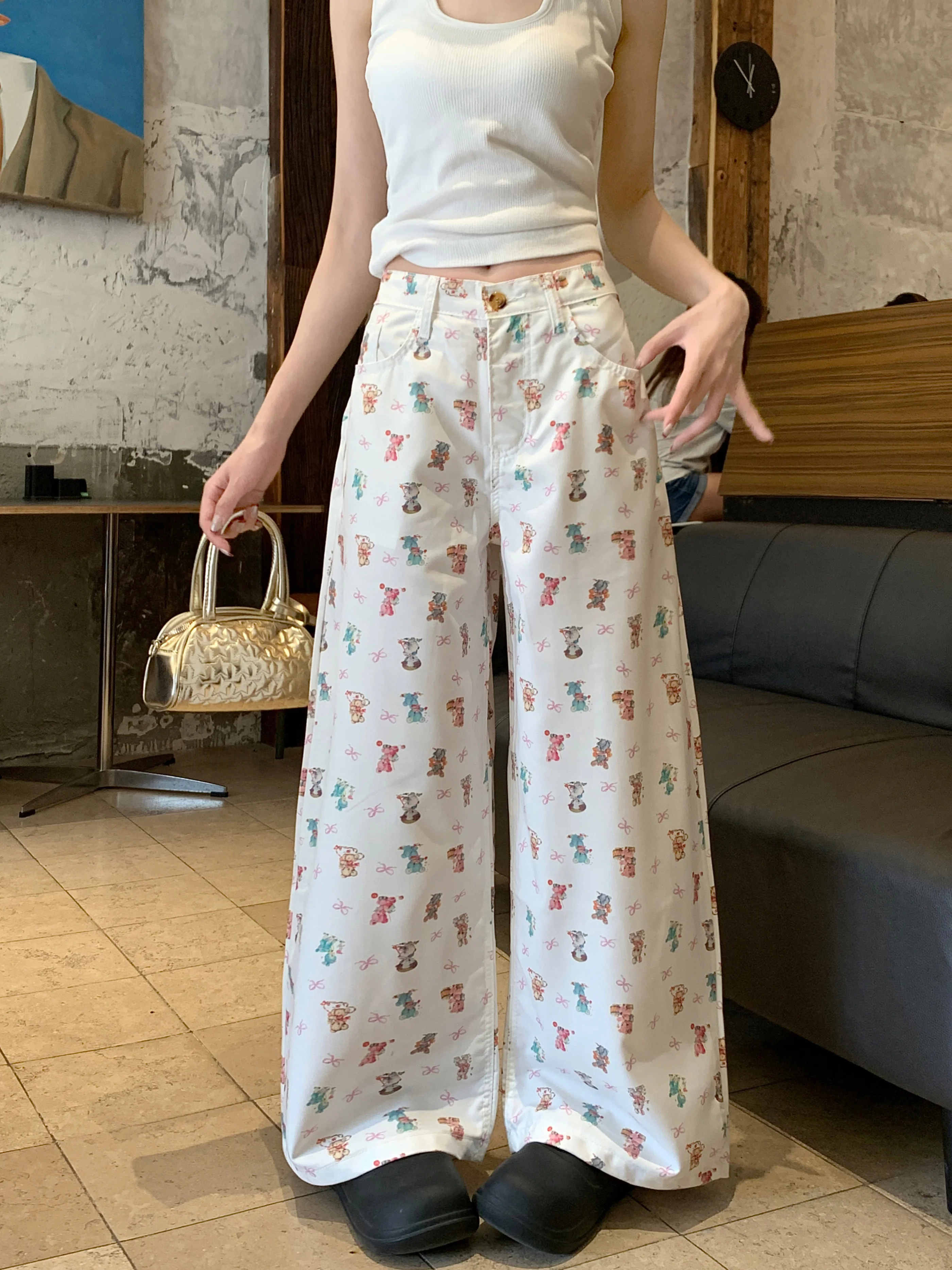 

Women's White Cartoon Printed Pants Cargo Baggy Y2K Japanese Cute Harajuku High Street Oversize Retro Pants Clothing 2025 New