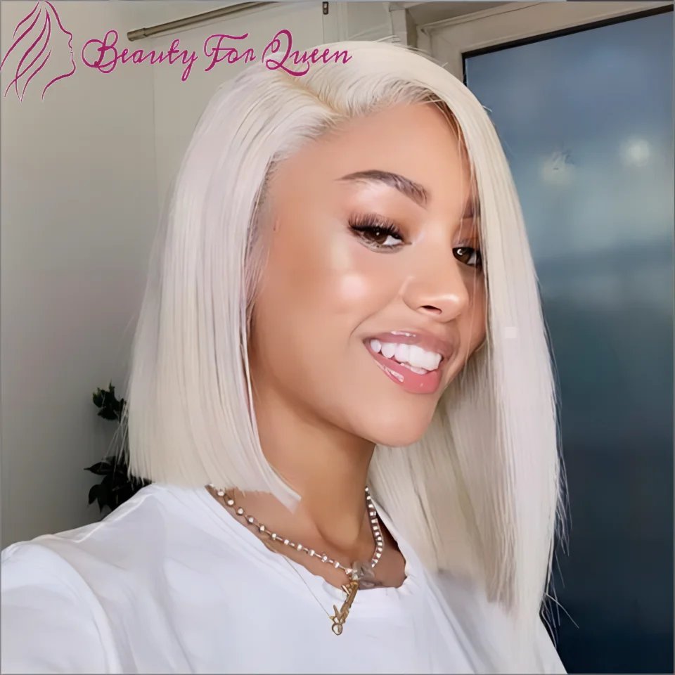 60 Platinum Colored Lace Front Wig White Blonde Straight Short Bob Human Hair Wigs 150% Density Brazilian Remy Lace Frontal Wig