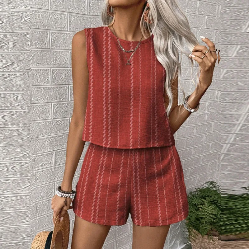 Sommerliches, lässiges, gestreiftes, bedrucktes ärmelloses Westen- und Shorts-Set (2-teilig) für Damen – Streetwear Zweiteiler