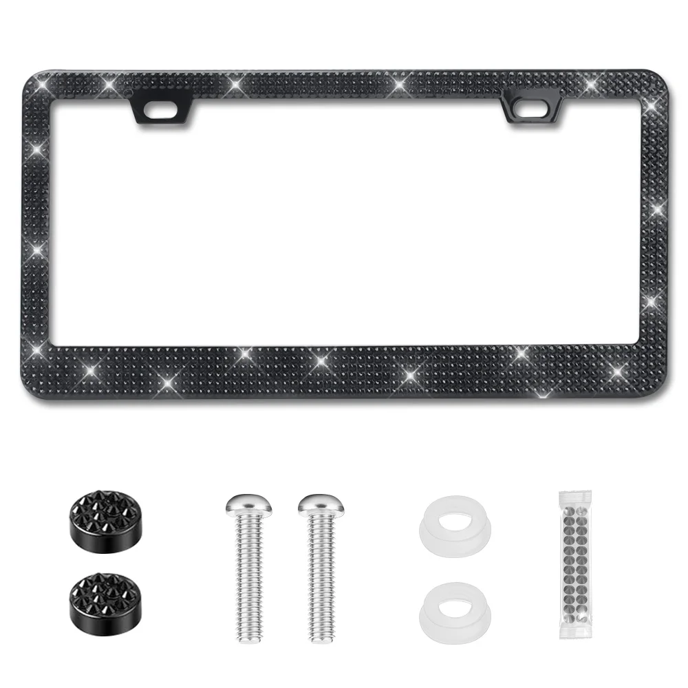 2pcs Bling Rhinestone License Plate Frame, Sparkling Crystal Car Tag Cover with Screw Caps, Universal Standard