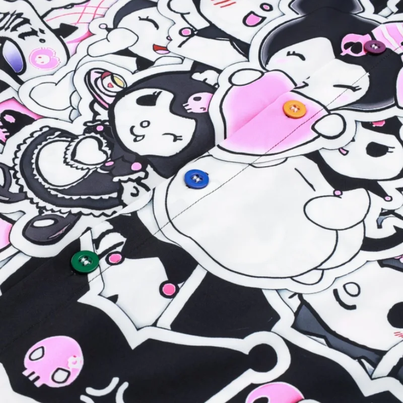 Hello Kitty Cute Bear Summer Women Black Cartoon Shirt Short Sleeve Colorful Shirts Female Top Turn Down Collar Fashion Blouse