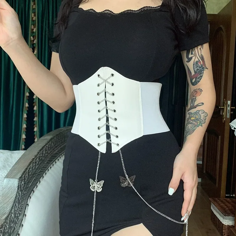 Women Sexy Corset Wide Cummerbunds Pu Leather Butterfly Chain Slimming Body Waistband Elastic Waist Belts Cinto Ceinture Fajas