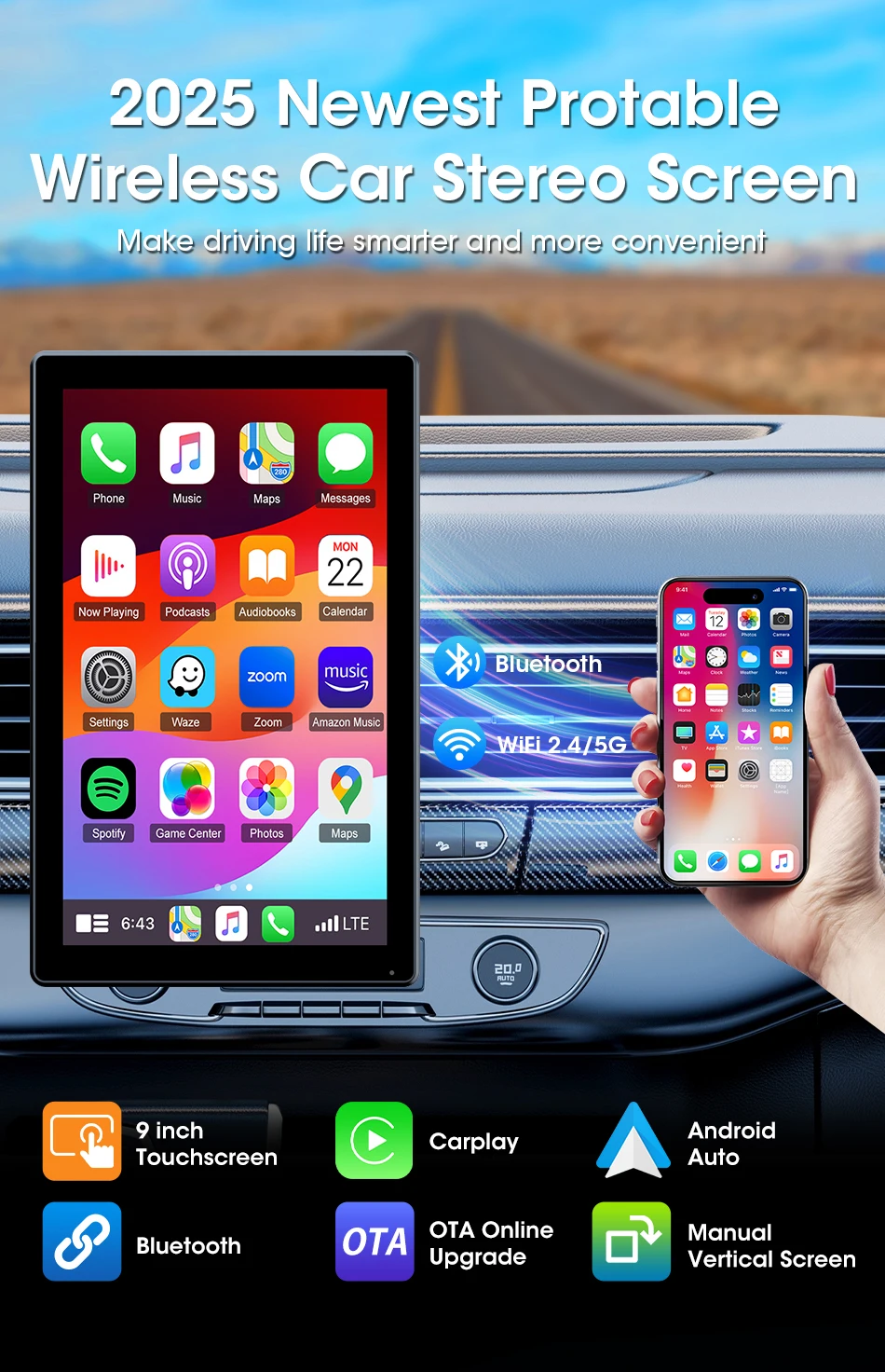 Jansite 9-Zoll-Autoradio mit vertikalem Bildschirm, Multimedia-Videoplayer, kabelloses Carplay, Android Auto, magnetische Halterung, Auto-Monitore, GPS – Detail 1