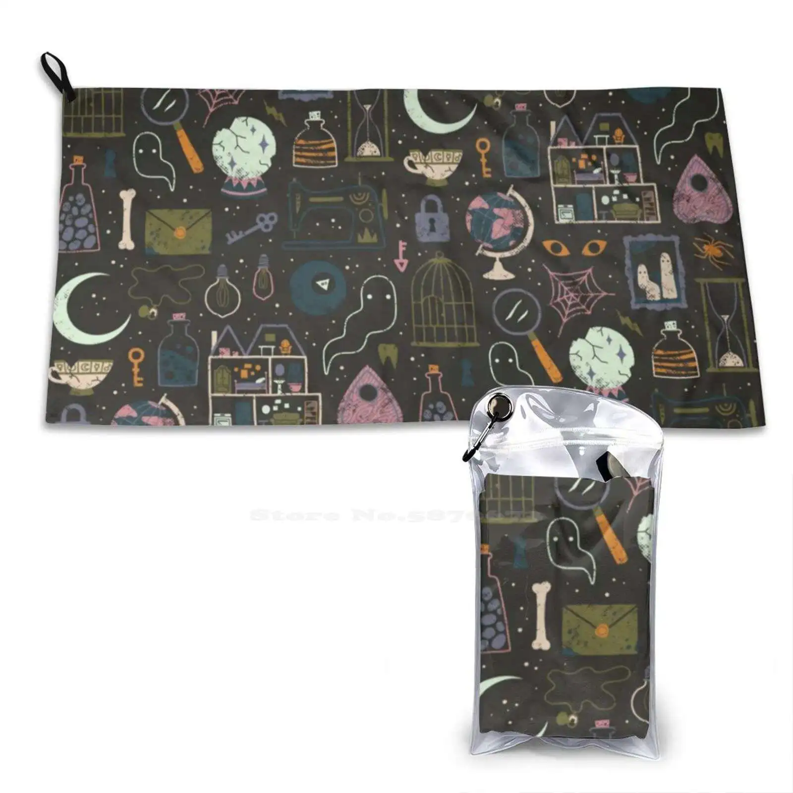 Haunted Attic Fashion Soft Bath Towel Quick Dry Pattern Halloween Spooky Creepy Witchy Spoopy Evil Dollhouse Crystal Ball Ghost