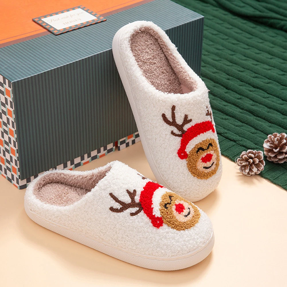 Christmas Elk Plush Slippers Anti Slip Warm Slip-on House Shoes Flat Thermal Slippers Furry Reindeer Slipper for Autumn Winter
