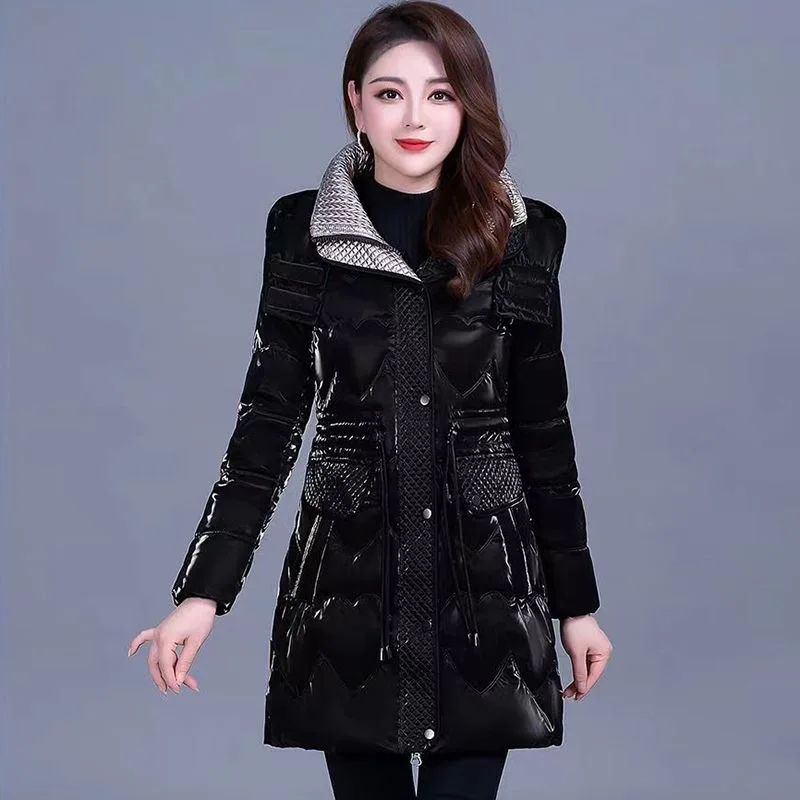 Fdfklak Bright Wash-free Down Cotton-padded Jacket Long Middle-aged Winter Jacket Women 5XL Big Size Coat ropa de invierno mujer