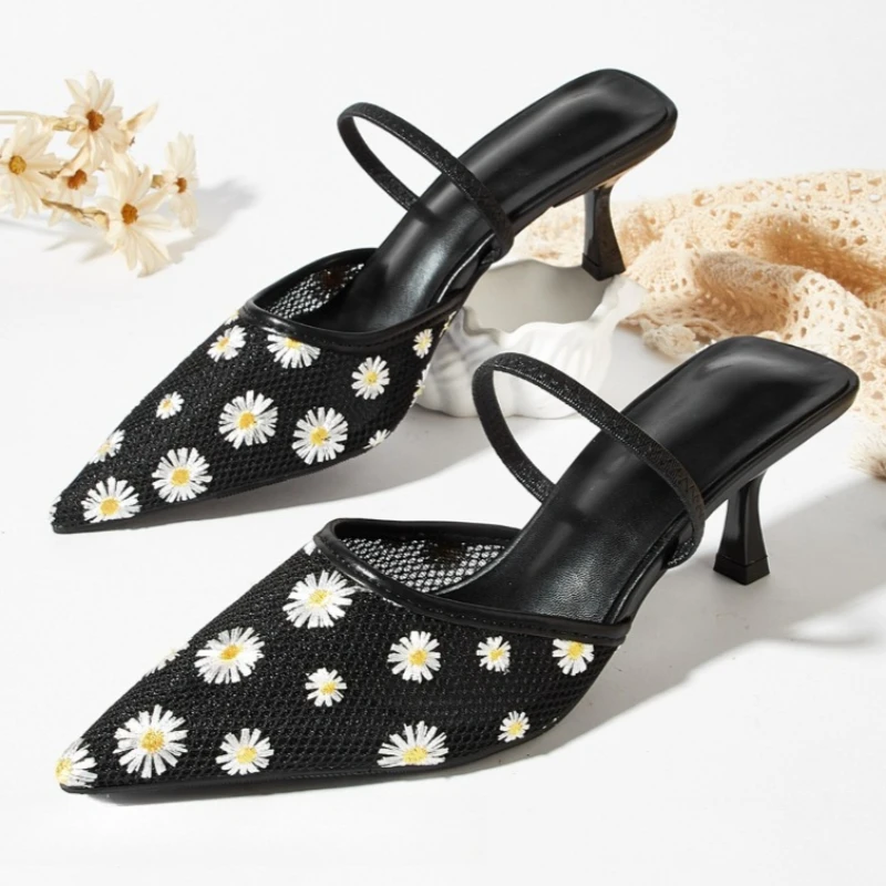 

Cute Daisy-embroidered Design Brand Pumps Women Summer Breathable Mesh Pointed-toe Stiletto Sandals Elegant Slingback Dress Shoe