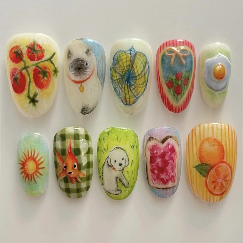 

24PCS Fresh Colorful Almond Press on Nails Cute Cartoon Oil Paintings Animal Fake Nails Retro False Nails Finished Wearable Tips