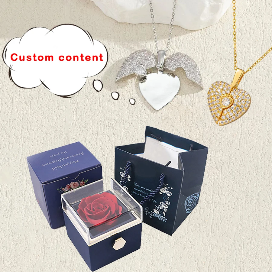 Custom Text Open Heart Necklace With Rose Rotating Gift Box Creative 2025 Valentine's Day Mother's Day Fashion Women's Popular