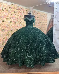 ANGELSBRIDEP Luxury Green Off-Shoulder Quinceanera Dresses Beading Sequins Shiny Vestidos De 15 Anos Birthday Party Corset