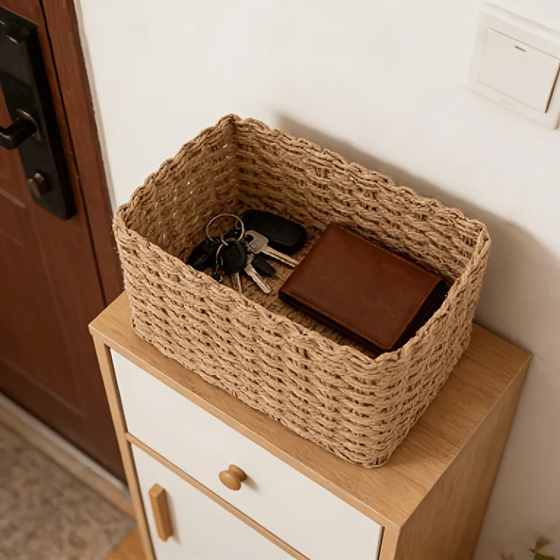 1Hand-woven Natural Beige Storage Basket,with Open Woven Design and Sturdy Rattan Structure, Very Suitable for Bathroom, Bedroom
