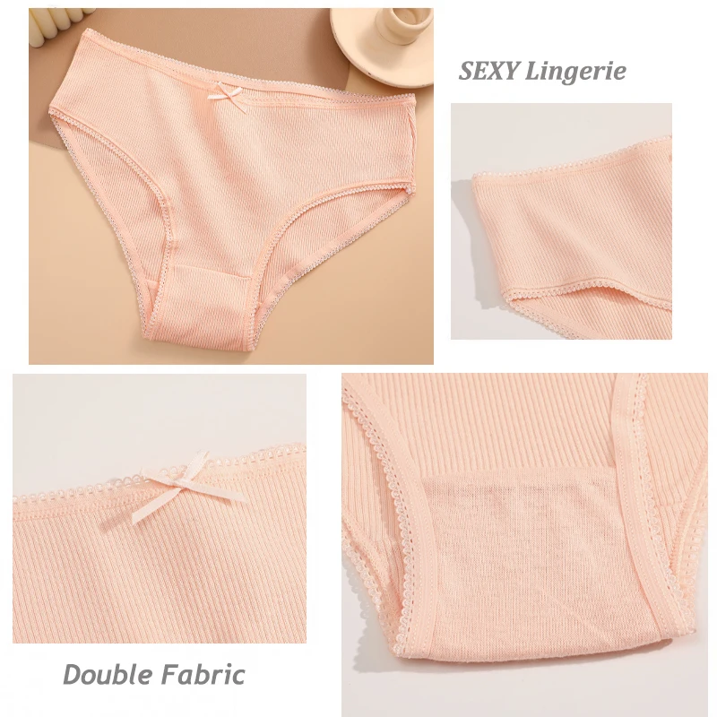 1PCS Women Cotton Panties Sexy Lace Briefs Low Rise Elastic Panties Female Soft Underwear Ribbed Cotton Intimates Lingerie S-XL