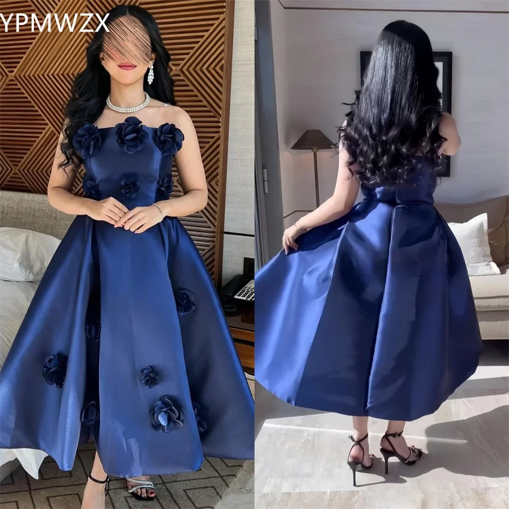 

Customized Women Party Dress Occasion Prom YPMWZX Strapless A-line Ankle Length Skirts Draped Sleeveless Applique 3D Flower Bes