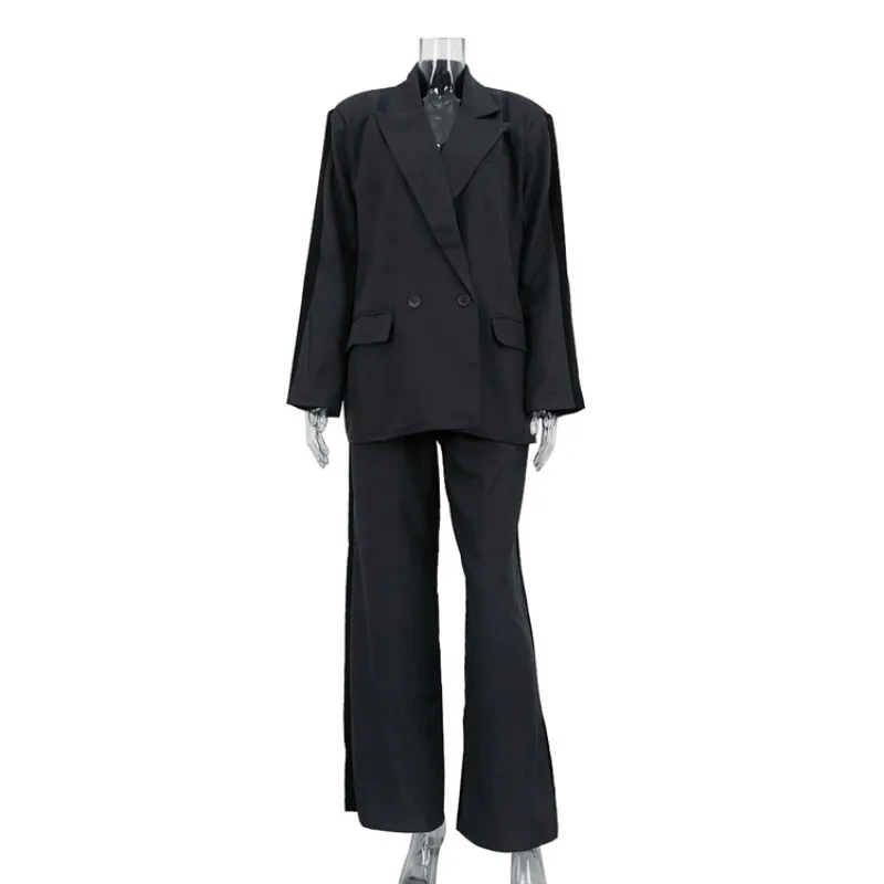SuperAen Elegant Gray Casual Loose Contrast Color Long-sleeved Notched Suits for Women Long Wide-leg Pants European Style Sets