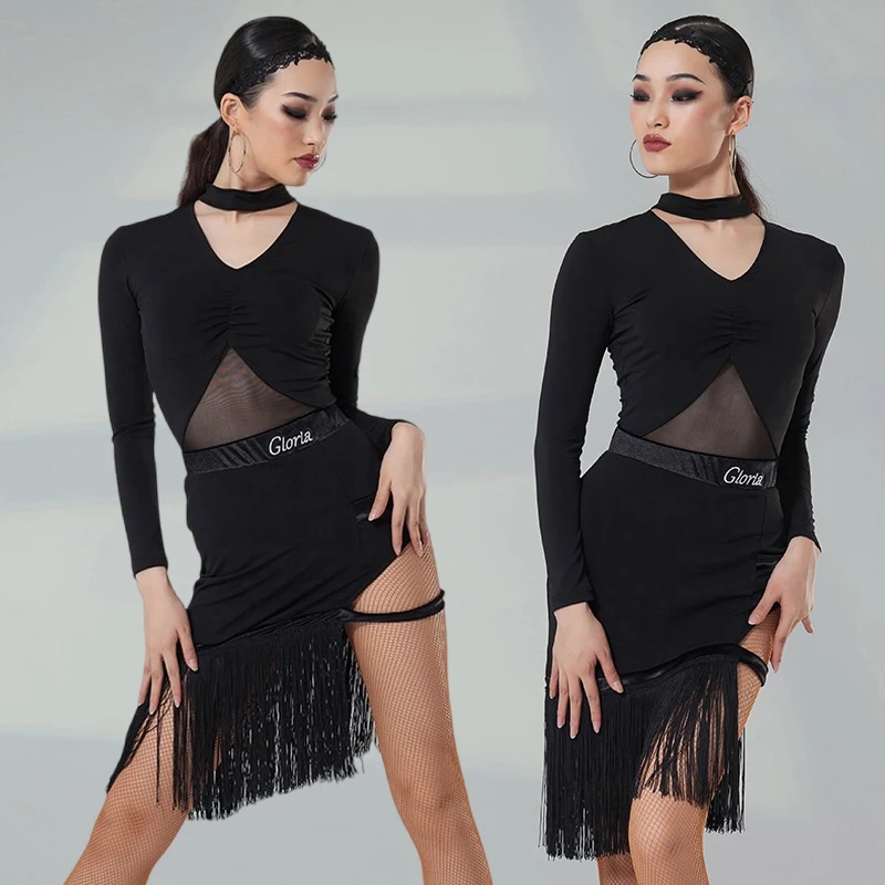 

Сексуальный костюм для латинских танцев для взрослых, боди для танцев ча-ча, юбка с кисточками, черное платье для латинских соревнований, одежда для самбы, румбы 2667