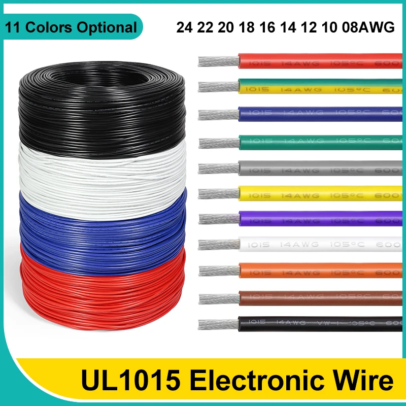 

1/5M UL1015 Multi-stranded Electronic Wire 24 22 20 18 16 14 12 10 08AWG PVC Insulated Tinned Copper Cable for DIY Lamp Lighting