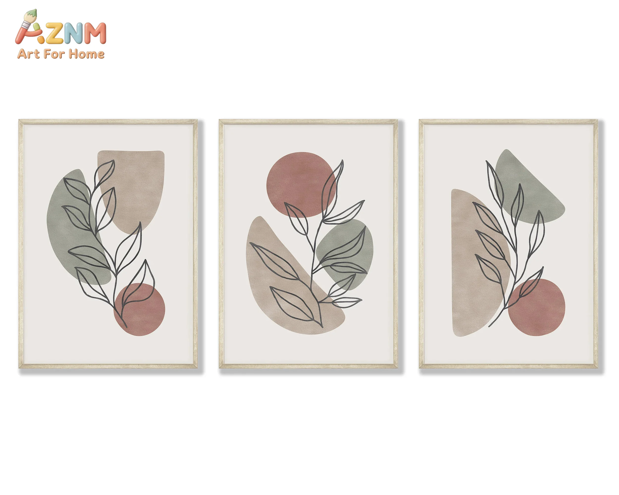 AZNM  Boho Line Leaf Abstract Canvas Wall Art, Neutral Earth Tone Geometric Shape Print Frameless Canvas Painting, Minimalist