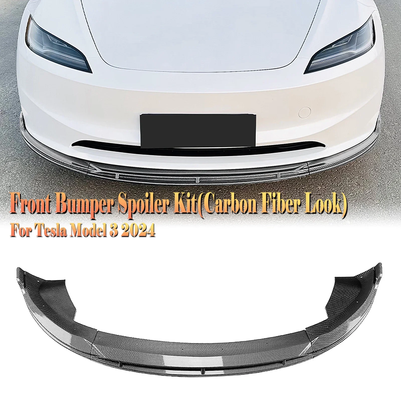 

New！ Front Bumper Spoiler Lip For Tesla Model 3 2024+ Carbon Fiber Look/Gloss Black Lower Splitter Blade Body Protector Kit