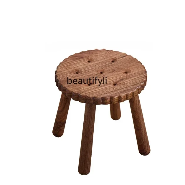 Nuevo estilo, banco pequeño de nogal negro de América del Norte, taburete de madera maciza en forma de galleta, taburete bajo para sala de estar